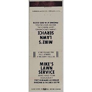 Vintage Matchbook Cover Mike’s Lawn Service Columbus Ohio OH Mike Tom Dunaway